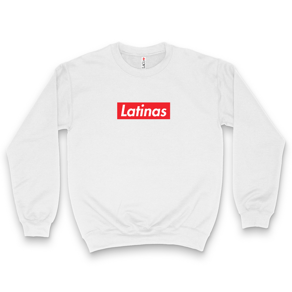 'Latinas' Box Logo Crewneck - White - Premium Brushed Fleece Cotton Blend