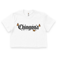 White crop top with 'Chingona' text and butterfly graphics on a white background