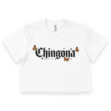 White crop top with 'Chingona' text and butterfly graphics on a white background