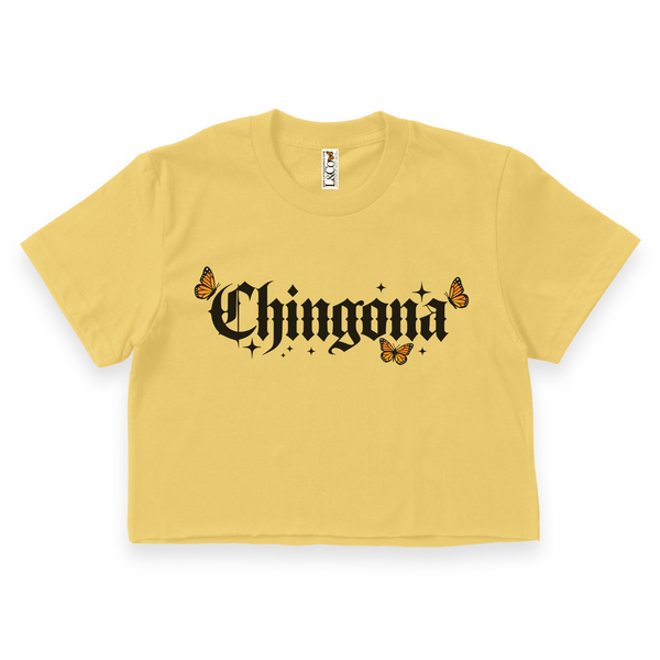 Yellow crop top with 'Chingona' text and butterfly graphics on a white background