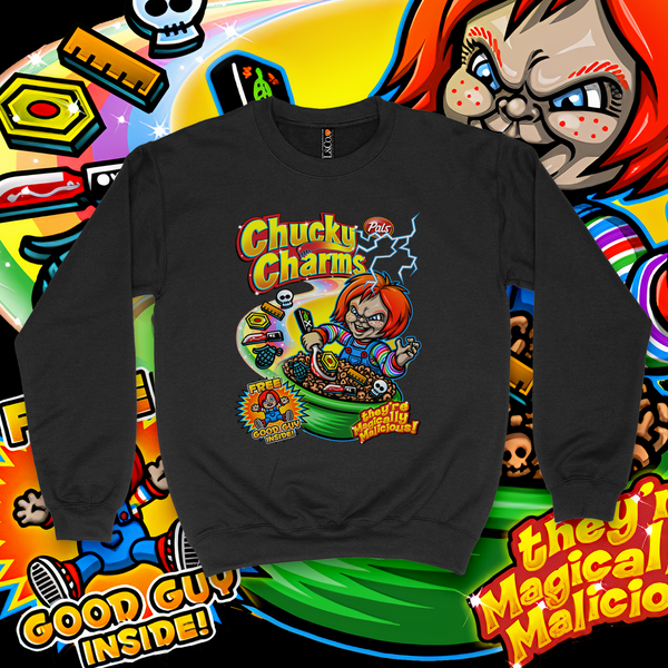 'Chucky Charms' Crewneck - Black - Premium Brushed Fleece Cotton Blend - Unisex