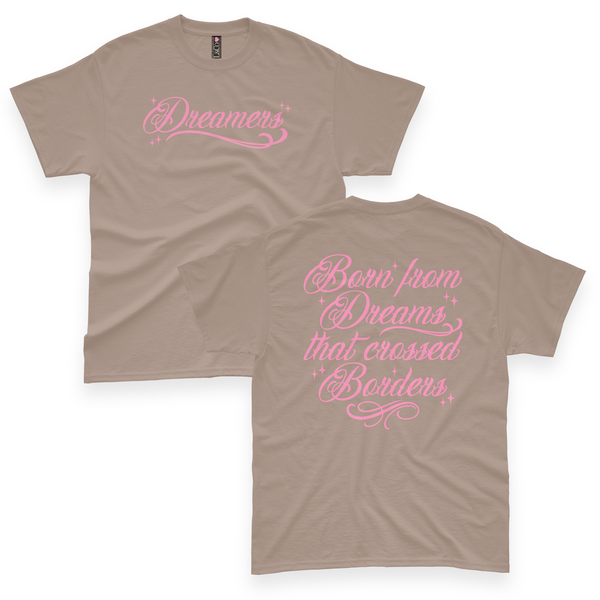 'Dreamers: Born From Dreams That Crossed Borders' Unisex T-Shirt - Mocha/Pink - Premium Cotton