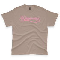 'Dreamers: Born From Dreams That Crossed Borders' Unisex T-Shirt - Mocha/Pink - Premium Cotton