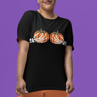 'Spooky Pumpkin BOObs' Skeleton Hands T-Shirt - Black - Premium Cotton