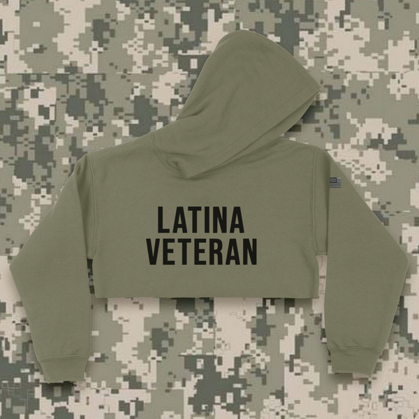 'Latina Veteran' Crop Top Hoodie w/Embroidered Mini USA Sleeve Patch - Military Green - Premium Brushed Fleece
