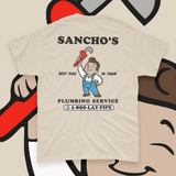 T-shirt with Sancho's Plumbing Service graphic.