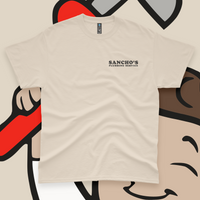 T-shirt with Sancho's Plumbing Service graphic.