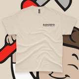 T-shirt with Sancho's Plumbing Service graphic.
