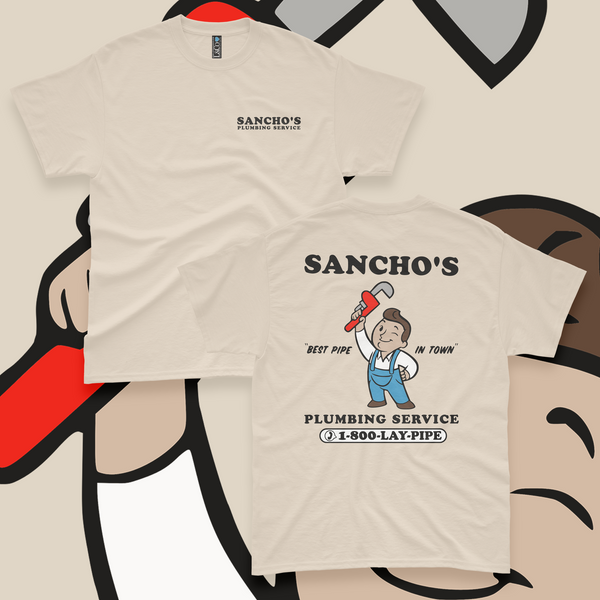 T-shirt with Sancho's Plumbing Service graphic.