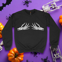 'Spooky BOObs' Skeleton Hands Crewneck - Black - Premium Brushed Fleece Cotton Blend
