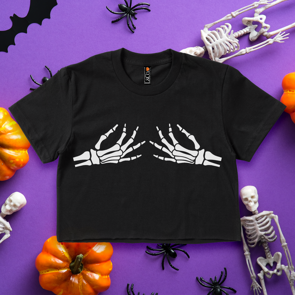 'Spooky BOObs' Skeleton Hands Crop Top Shirt - Black - Premium Cotton