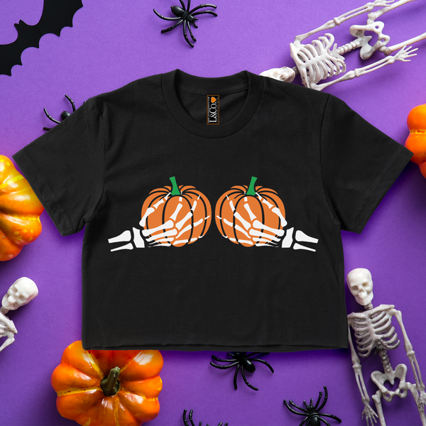 'Spooky Pumpkin BOObs' Skeleton Hands Crop Top Shirt - Black - Premium Cotton