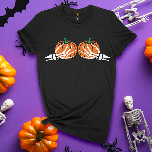 'Spooky Pumpkin BOObs' Skeleton Hands T-Shirt - Black - Premium Cotton