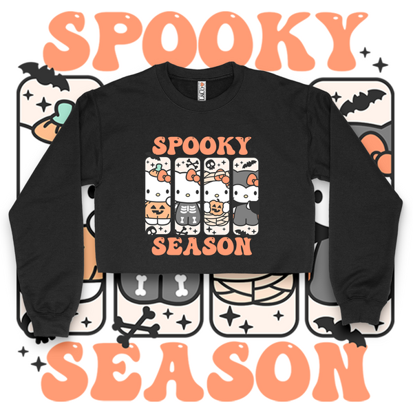 'Hello Spooky Season' Crop Top Crewneck - Orange/Black - Premium Brushed Fleece Cotton Blend