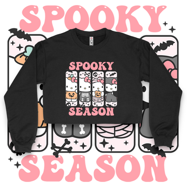 'Hello Spooky Season' Crop Top Crewneck - Pink/Black - Premium Brushed Fleece Cotton Blend
