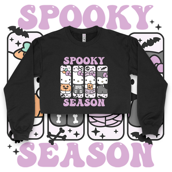 'Hello Spooky Season' Crop Top Crewneck - Purple/Black - Premium Brushed Fleece Cotton Blend