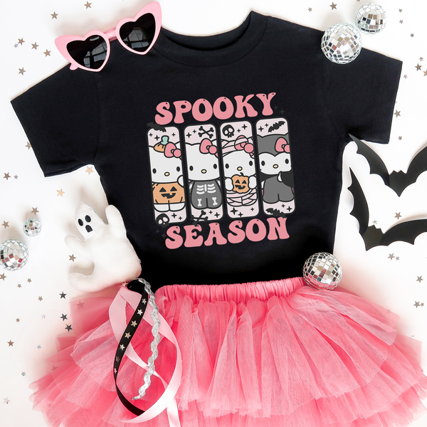 'Hello Spooky Season' GIRLS YOUTH SIZE Princess-Fit T-Shirt - Pink/Black - Premium Cotton