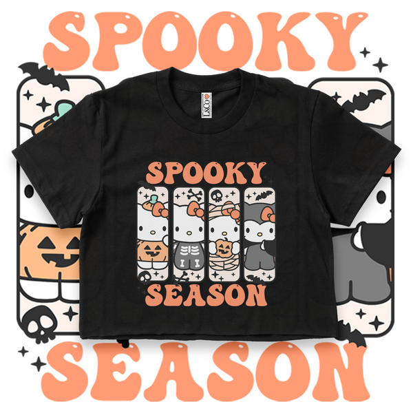 'Hello Spooky Season' Crop Top Shirt - Orange/Black - Premium Cotton