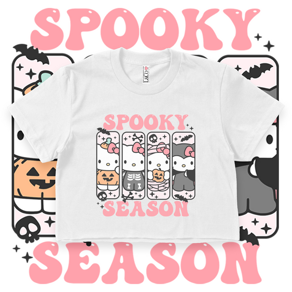 'Hello Spooky Season' Crop Top Shirt - Pink/White- Premium Ring-Spun Cotton