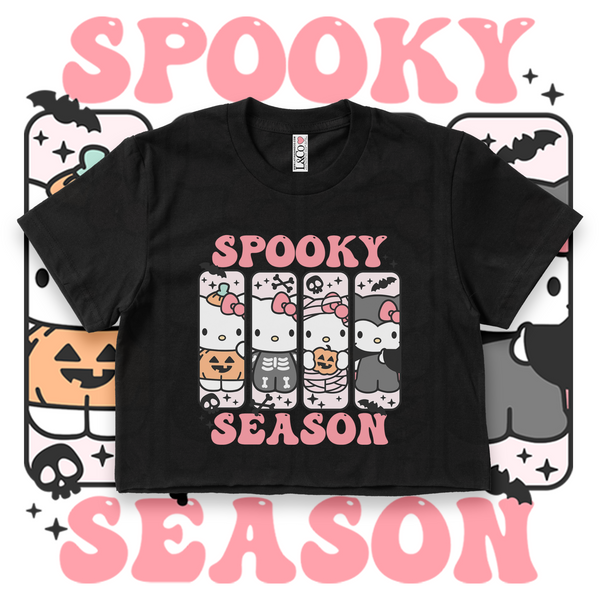 'Hello Spooky Season' Crop Top Shirt - Pink/Black - Premium Cotton