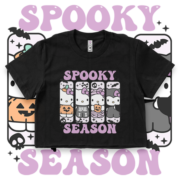 'Hello Spooky Season' Crop Top Shirt - Purple/Black - Premium Cotton