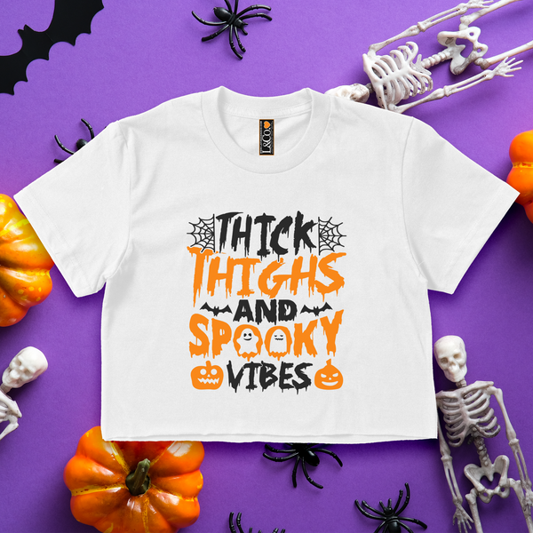 'Thick Thighs & Spooky Vibes' Crop Top Shirt - White - Premium Cotton