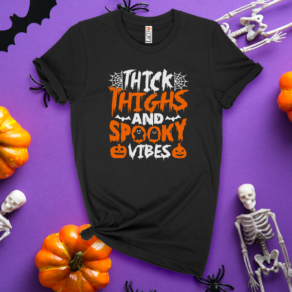'Thick Thighs And Spooky Vibes' T-Shirt - Black - Premium Cotton