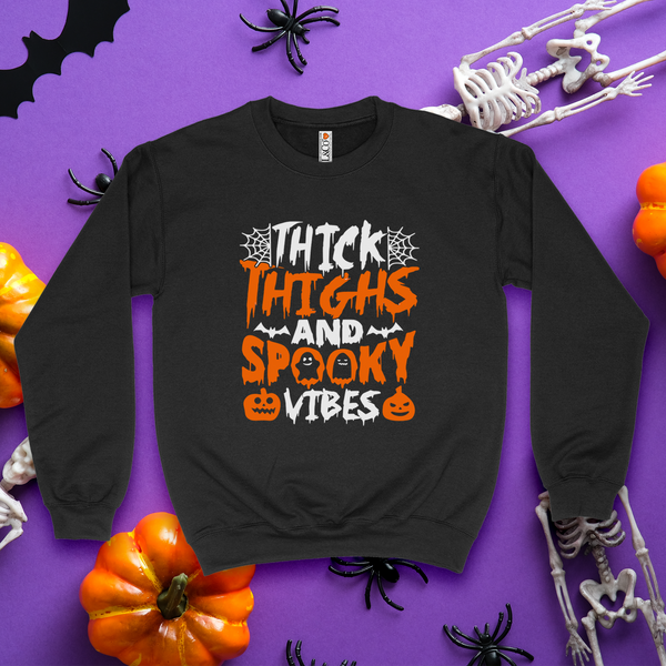 'Thick Thighs & Spooky Vibes' Crewneck - Black - Premium Brushed Fleece Cotton Blend