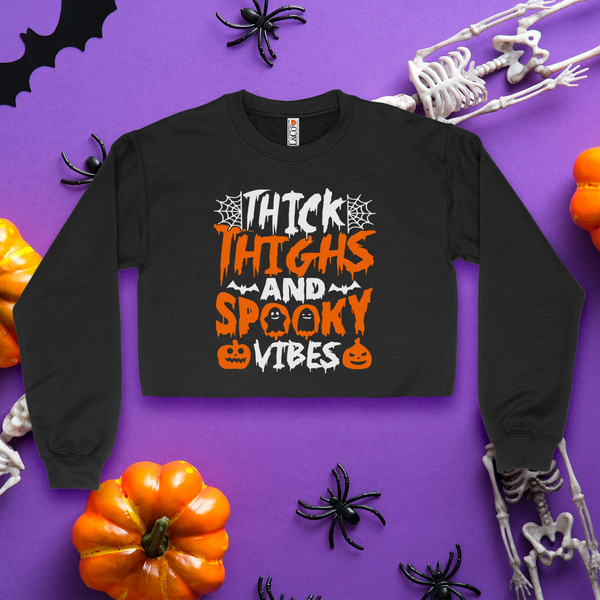 'Thick Thighs & Spooky Vibes' Crop Top Crewneck - Black - Premium Brushed Fleece Cotton Blend