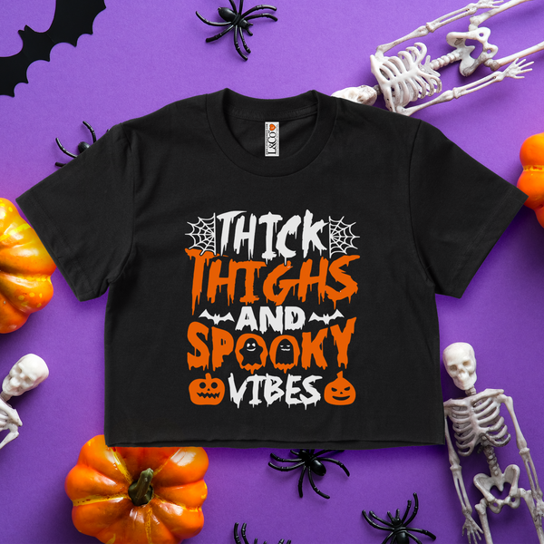 'Thick Thighs & Spooky Vibes' Crop Top Shirt - Black - Premium Cotton