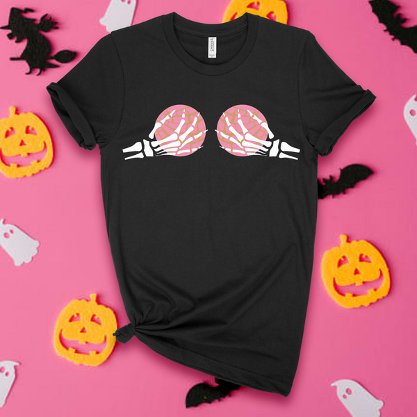 'Spooky Concha BOObs' Skeleton Hands T-Shirt - Black - Premium Cotton