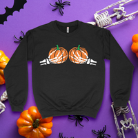 'Spooky Pumpkin BOObs' Skeleton Hands Crewneck - Black - Premium Brushed Fleece Cotton Blend