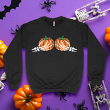 'Spooky Pumpkin BOObs' Skeleton Hands Crewneck - Black - Premium Brushed Fleece Cotton Blend