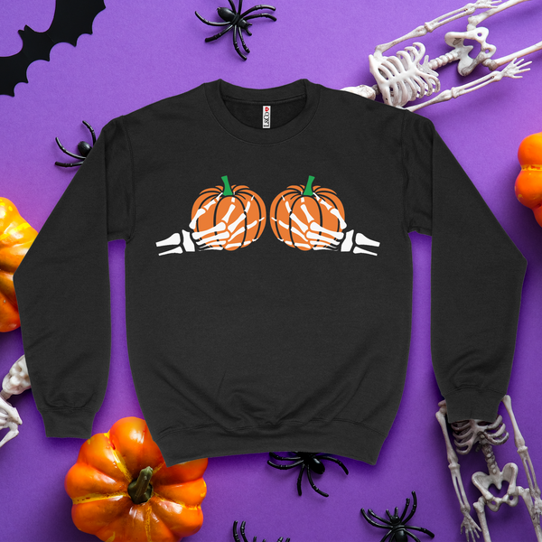 'Spooky Pumpkin BOObs' Skeleton Hands Crewneck - Black - Premium Brushed Fleece Cotton Blend