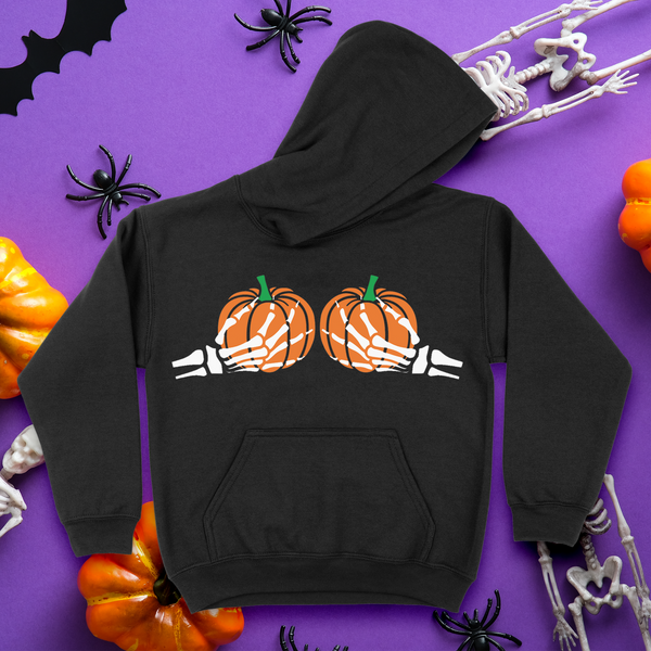 'Spooky Pumpkin BOObs' Skeleton Hands Hoodie - Black - Premium Brushed Fleece Cotton Blend